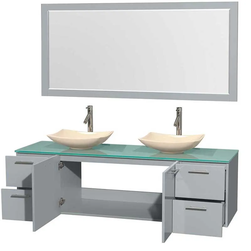 Amare 72" Double Bathroom Vanity in Dove Gray, Green Glass Countertop, Arista Ivory Marble Sinks and 70" Mirror