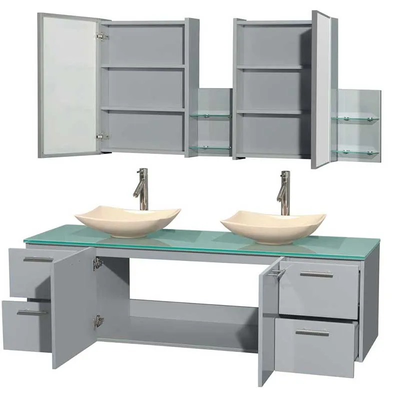 Amare 72" Double Bathroom Vanity in Dove Gray, Green Glass Countertop, Arista Ivory Marble Sinks and Medicine Cabinet