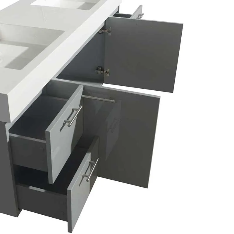 Amare 72" Double Bathroom Vanity in Dove Gray, Green Glass Countertop, Arista Ivory Marble Sinks and Medicine Cabinet