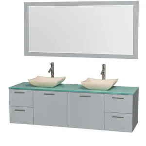 Amare 72" Double Bathroom Vanity in Dove Gray, Green Glass Countertop, Avalon Ivory Marble Sinks and 70" Mirror