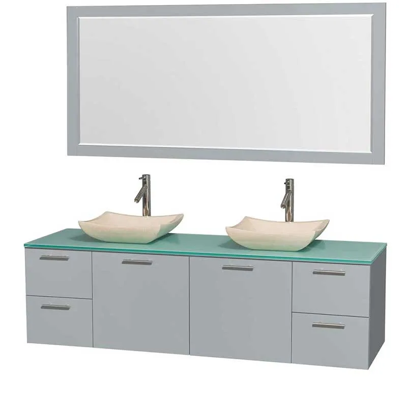 Amare 72" Double Bathroom Vanity in Dove Gray, Green Glass Countertop, Avalon Ivory Marble Sinks and 70" Mirror