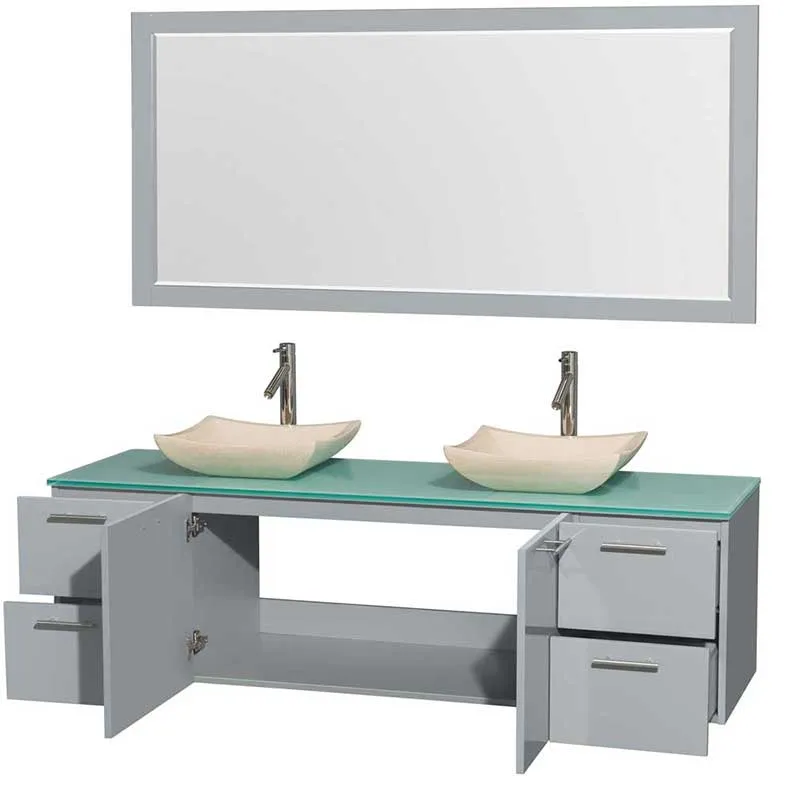 Amare 72" Double Bathroom Vanity in Dove Gray, Green Glass Countertop, Avalon Ivory Marble Sinks and 70" Mirror