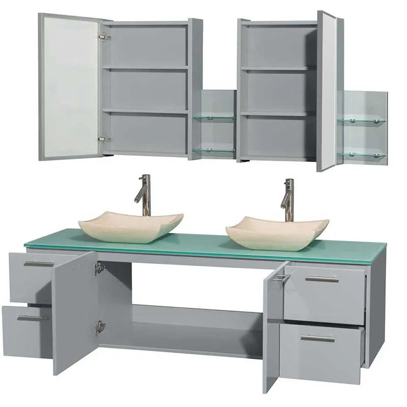 Amare 72" Double Bathroom Vanity in Dove Gray, Green Glass Countertop, Avalon Ivory Marble Sinks and Medicine Cabinet