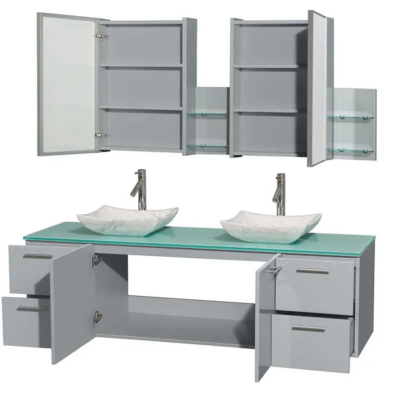 Amare 72" Double Bathroom Vanity in Dove Gray, Green Glass Countertop, Avalon White Carrera Marble Sinks and Medicine Cabinet