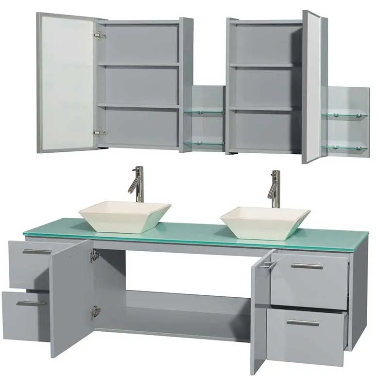 Amare 72" Double Bathroom Vanity in Dove Gray, Green Glass Countertop, Pyra Bone Porcelain Sinks and Medicine Cabinet