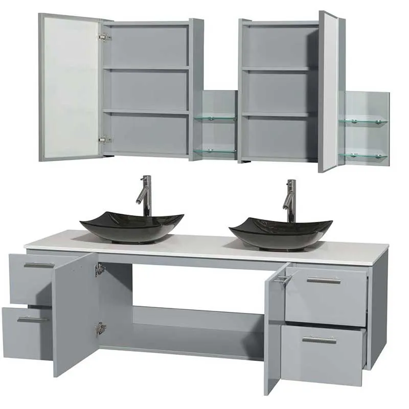 Amare 72" Double Bathroom Vanity in Dove Gray, White Man-Made Stone Countertop, Arista Black Granite Sinks and Medicine Cabinet