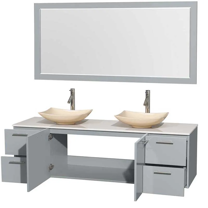 Amare 72" Double Bathroom Vanity in Dove Gray, White Man-Made Stone Countertop, Arista Ivory Marble Sinks and 70" Mirror