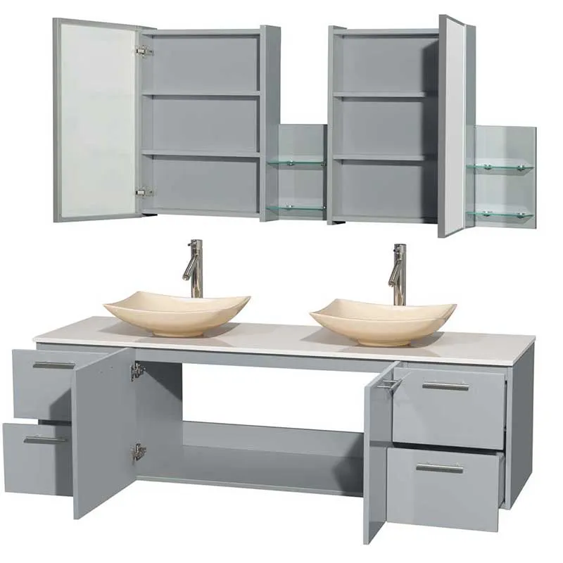 Amare 72" Double Bathroom Vanity in Dove Gray, White Man-Made Stone Countertop, Arista Ivory Marble Sinks and Medicine Cabinet