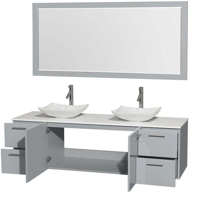 Amare 72" Double Bathroom Vanity in Dove Gray, White Man-Made Stone Countertop, Arista White Carrera Marble Sinks and 70" Mirror