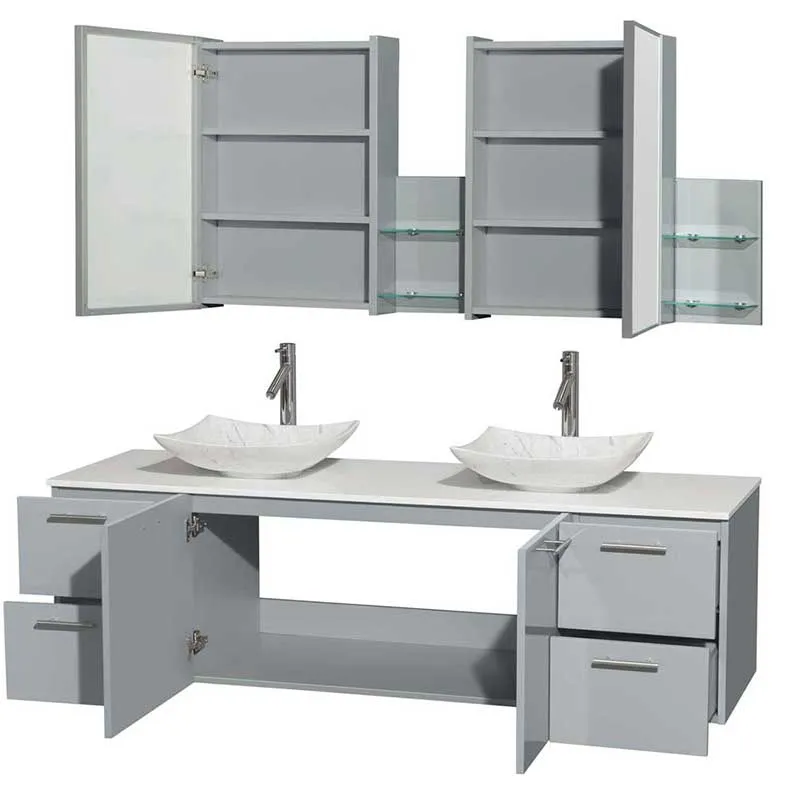 Amare 72" Double Bathroom Vanity in Dove Gray, White Man-Made Stone Countertop, Arista White Carrera Marble Sinks and Medicine Cabinet