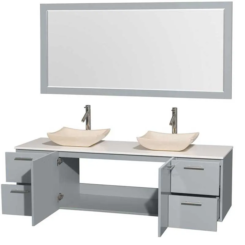 Amare 72" Double Bathroom Vanity in Dove Gray, White Man-Made Stone Countertop, Avalon Ivory Marble Sinks and 70" Mirror