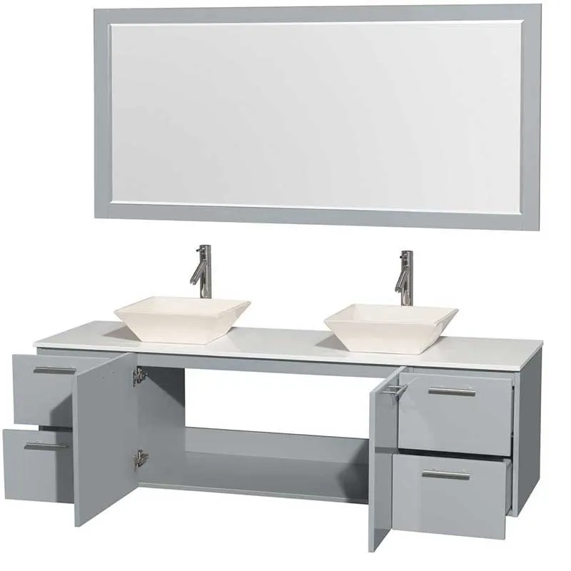 Amare 72" Double Bathroom Vanity in Dove Gray, White Man-Made Stone Countertop, Pyra Bone Porcelain Sinks and 70" Mirror