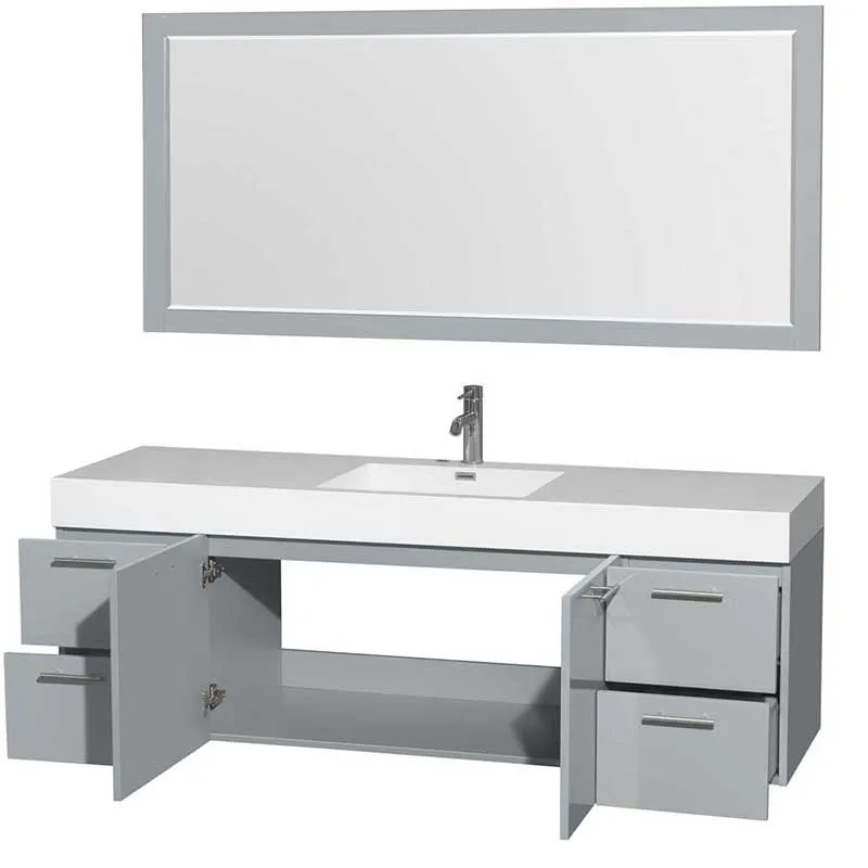 Amare 72" Single Bathroom Vanity in Dove Gray, Acrylic Resin Countertop, Integrated Sink and 70" Mirror