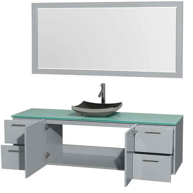 Amare 72" Single Bathroom Vanity in Dove Gray, Green Glass Countertop, Altair Black Granite Sink and 70" Mirror