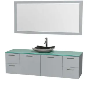 Amare 72" Single Bathroom Vanity in Dove Gray, Green Glass Countertop, Altair Black Granite Sink and 70" Mirror