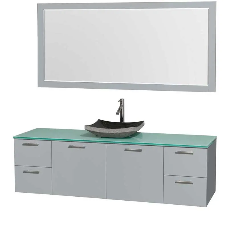 Amare 72" Single Bathroom Vanity in Dove Gray, Green Glass Countertop, Altair Black Granite Sink and 70" Mirror