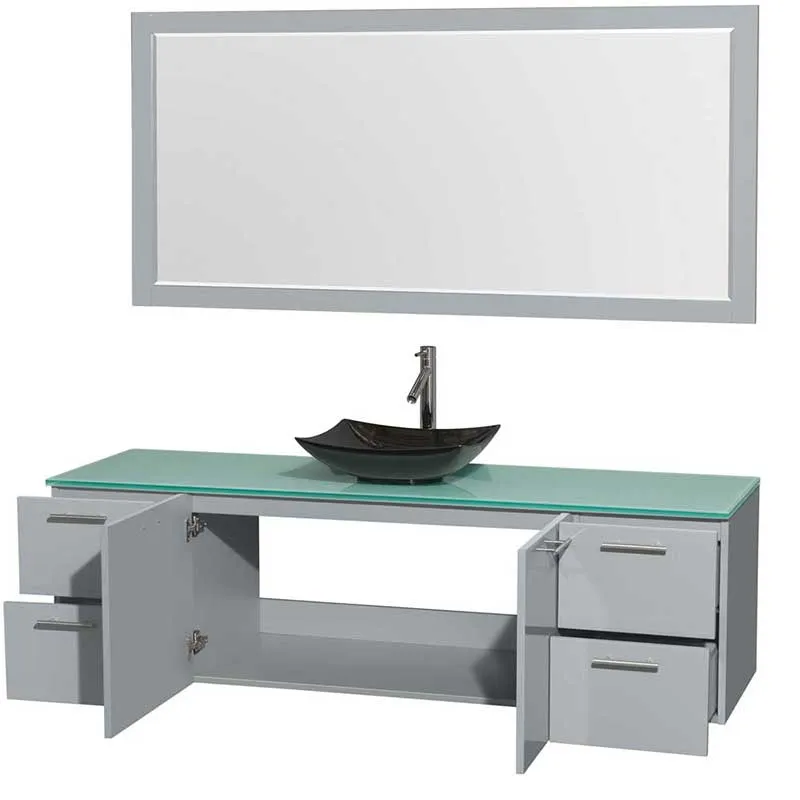Amare 72" Single Bathroom Vanity in Dove Gray, Green Glass Countertop, Arista Black Granite Sink and 70" Mirror