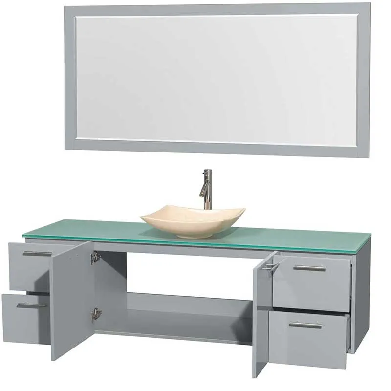 Amare 72" Single Bathroom Vanity in Dove Gray, Green Glass Countertop, Arista Ivory Marble Sink and 70" Mirror