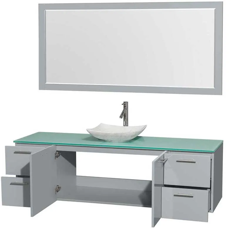 Amare 72" Single Bathroom Vanity in Dove Gray, Green Glass Countertop, Arista White Carrera Marble Sink and 70" Mirror