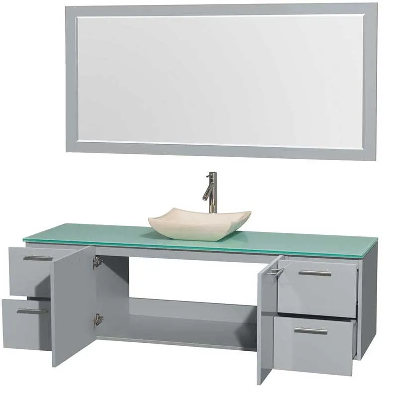 Amare 72" Single Bathroom Vanity in Dove Gray, Green Glass Countertop, Avalon Ivory Marble Sink and 70" Mirror