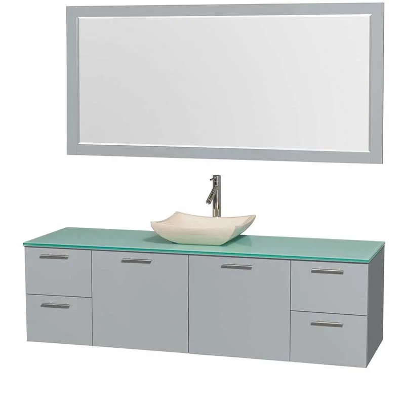 Amare 72" Single Bathroom Vanity in Dove Gray, Green Glass Countertop, Avalon Ivory Marble Sink and 70" Mirror