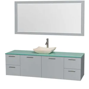 Amare 72" Single Bathroom Vanity in Dove Gray, Green Glass Countertop, Avalon Ivory Marble Sink and 70" Mirror