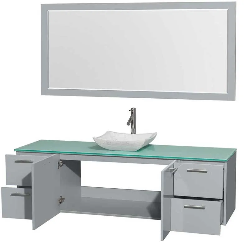 Amare 72" Single Bathroom Vanity in Dove Gray, Green Glass Countertop, Avalon White Carrera Marble Sink and 70" Mirror