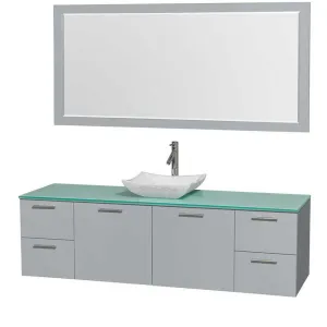 Amare 72" Single Bathroom Vanity in Dove Gray, Green Glass Countertop, Avalon White Carrera Marble Sink and 70" Mirror