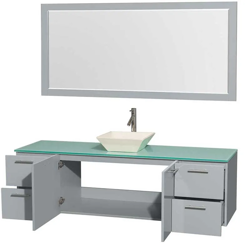 Amare 72" Single Bathroom Vanity in Dove Gray, Green Glass Countertop, Pyra Bone Porcelain Sink and 70" Mirror