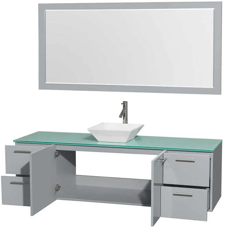 Amare 72" Single Bathroom Vanity in Dove Gray, Green Glass Countertop, Pyra White Porcelain Sink and 70" Mirror