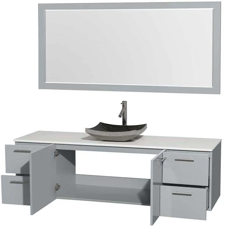 Amare 72" Single Bathroom Vanity in Dove Gray, White Man-Made Stone Countertop, Altair Black Granite Sink and 70" Mirror
