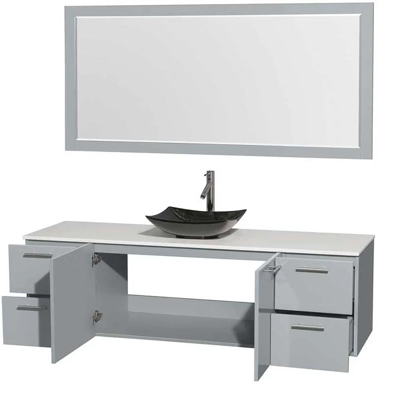 Amare 72" Single Bathroom Vanity in Dove Gray, White Man-Made Stone Countertop, Arista Black Granite Sink and 70" Mirror