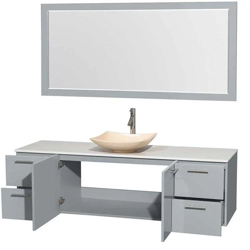 Amare 72" Single Bathroom Vanity in Dove Gray, White Man-Made Stone Countertop, Arista Ivory Marble Sink and 70" Mirror
