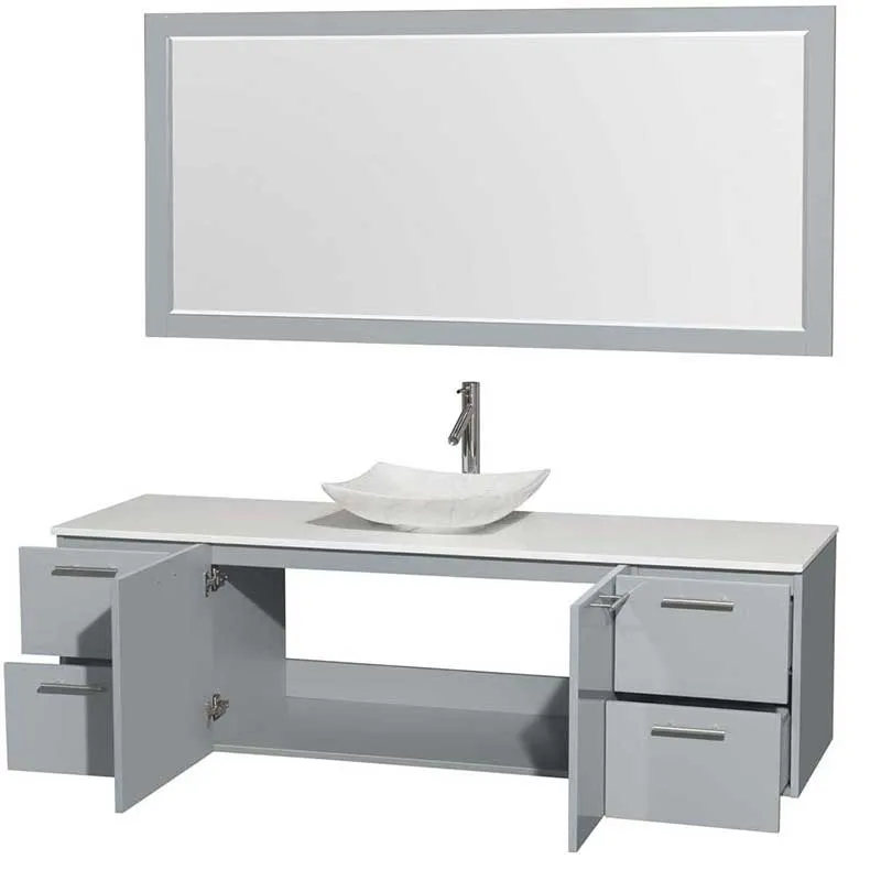 Amare 72" Single Bathroom Vanity in Dove Gray, White Man-Made Stone Countertop, Arista White Carrera Marble Sink and 70" Mirror