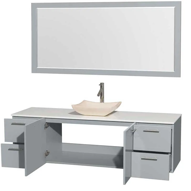 Amare 72" Single Bathroom Vanity in Dove Gray, White Man-Made Stone Countertop, Avalon Ivory Marble Sink and 70" Mirror