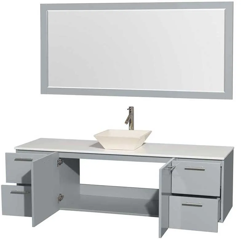Amare 72" Single Bathroom Vanity in Dove Gray, White Man-Made Stone Countertop, Pyra Bone Porcelain Sink and 70" Mirror