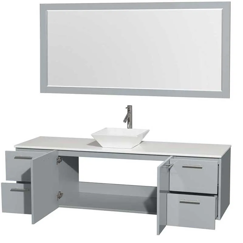 Amare 72" Single Bathroom Vanity in Dove Gray, White Man-Made Stone Countertop, Pyra White Porcelain Sink and 70" Mirror