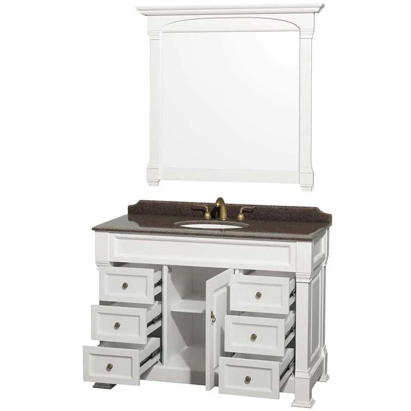 Andover 48" Single Bathroom Vanity in White, Imperial Brown Granite Countertop, Undermount Oval Sink and 44" Mirror