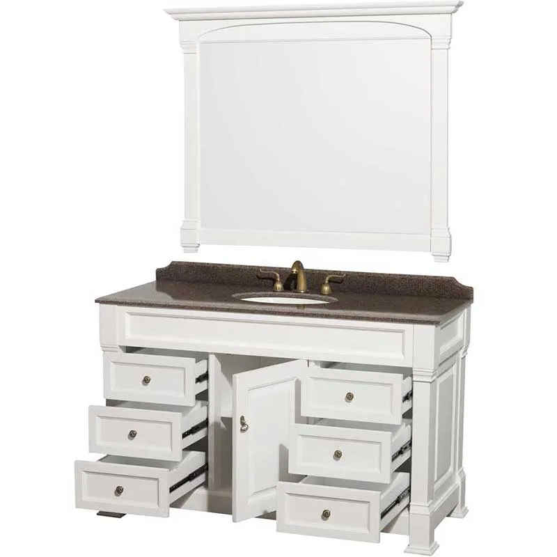 Andover 55" Single Bathroom Vanity in White, Imperial Brown Granite Countertop, Undermount Oval Sink and 50" Mirror