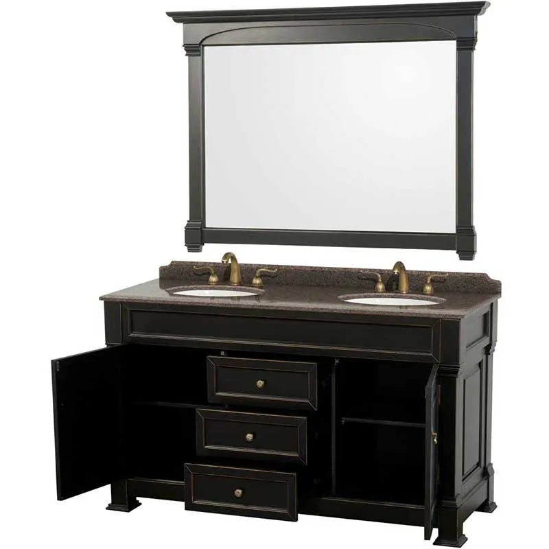 Andover 60" Double Bathroom Vanity in Black, Imperial Brown Granite Countertop, Undermount Oval Sinks and 56" Mirror