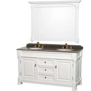 Andover 60" Double Bathroom Vanity in White, Imperial Brown Granite Countertop, Undermount Oval Sinks and 56" Mirror