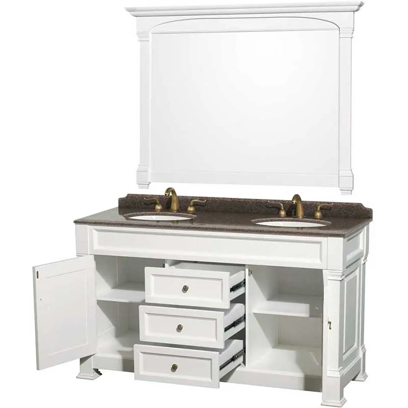 Andover 60" Double Bathroom Vanity in White, Imperial Brown Granite Countertop, Undermount Oval Sinks and 56" Mirror
