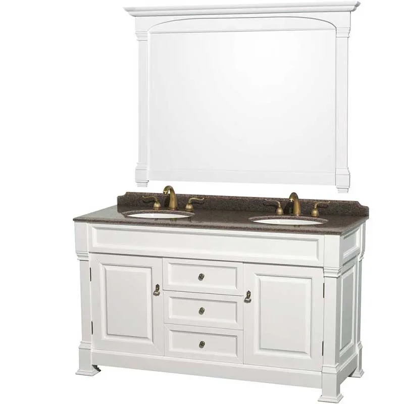 Andover 60" Double Bathroom Vanity in White, Imperial Brown Granite Countertop, Undermount Oval Sinks and 56" Mirror