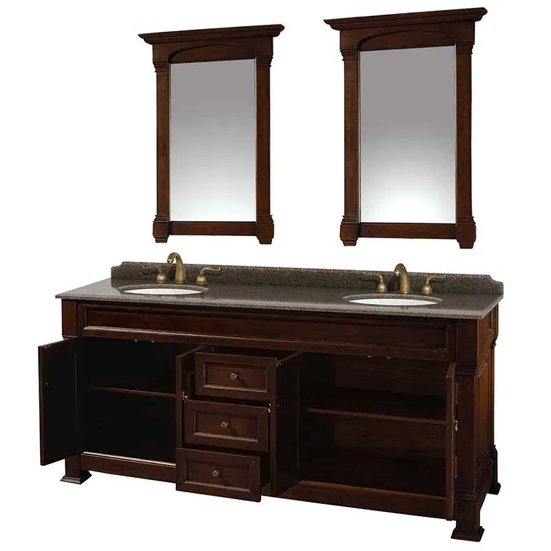 Andover 72" Double Bathroom Vanity in Dark Cherry, Imperial Brown Granite Countertop, Undermount Oval Sinks and 28" Mirrors