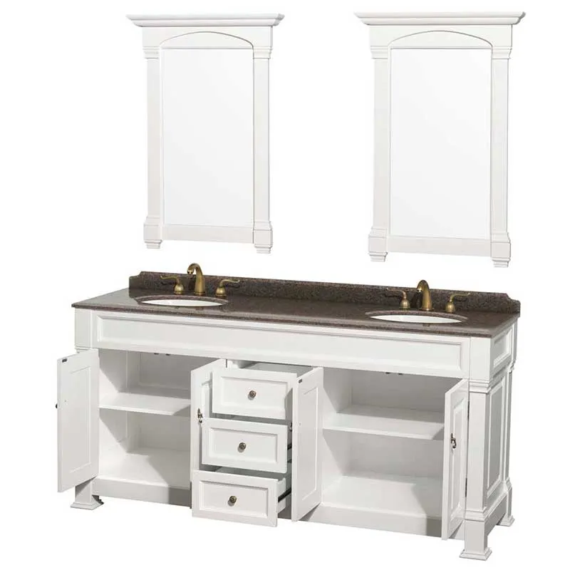 Andover 72" Double Bathroom Vanity in White, Imperial Brown Granite Countertop, Undermount Oval Sinks and 28" Mirrors