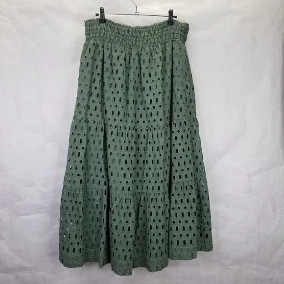 Anthropologie The Somerset Maxi Skirt M/L Eyelet Edition Moss Green Lined Tiered