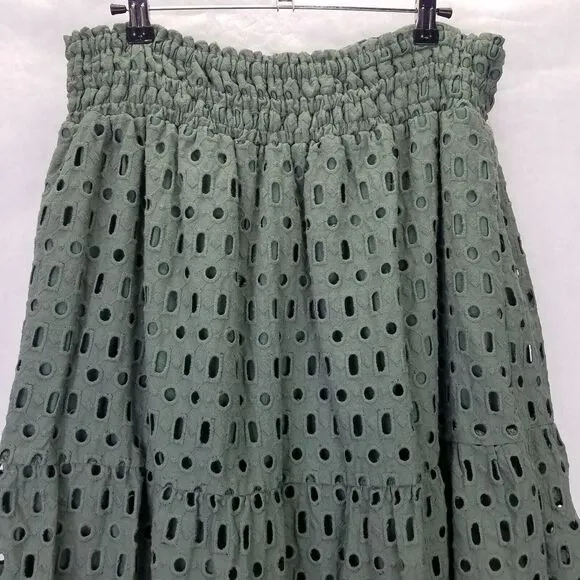Anthropologie The Somerset Maxi Skirt M/L Eyelet Edition Moss Green Lined Tiered