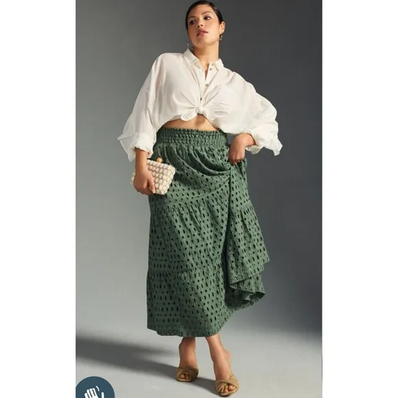 Anthropologie The Somerset Maxi Skirt M/L Eyelet Edition Moss Green Lined Tiered