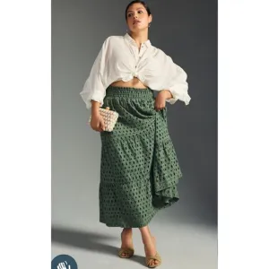 Anthropologie The Somerset Maxi Skirt M/L Eyelet Edition Moss Green Lined Tiered