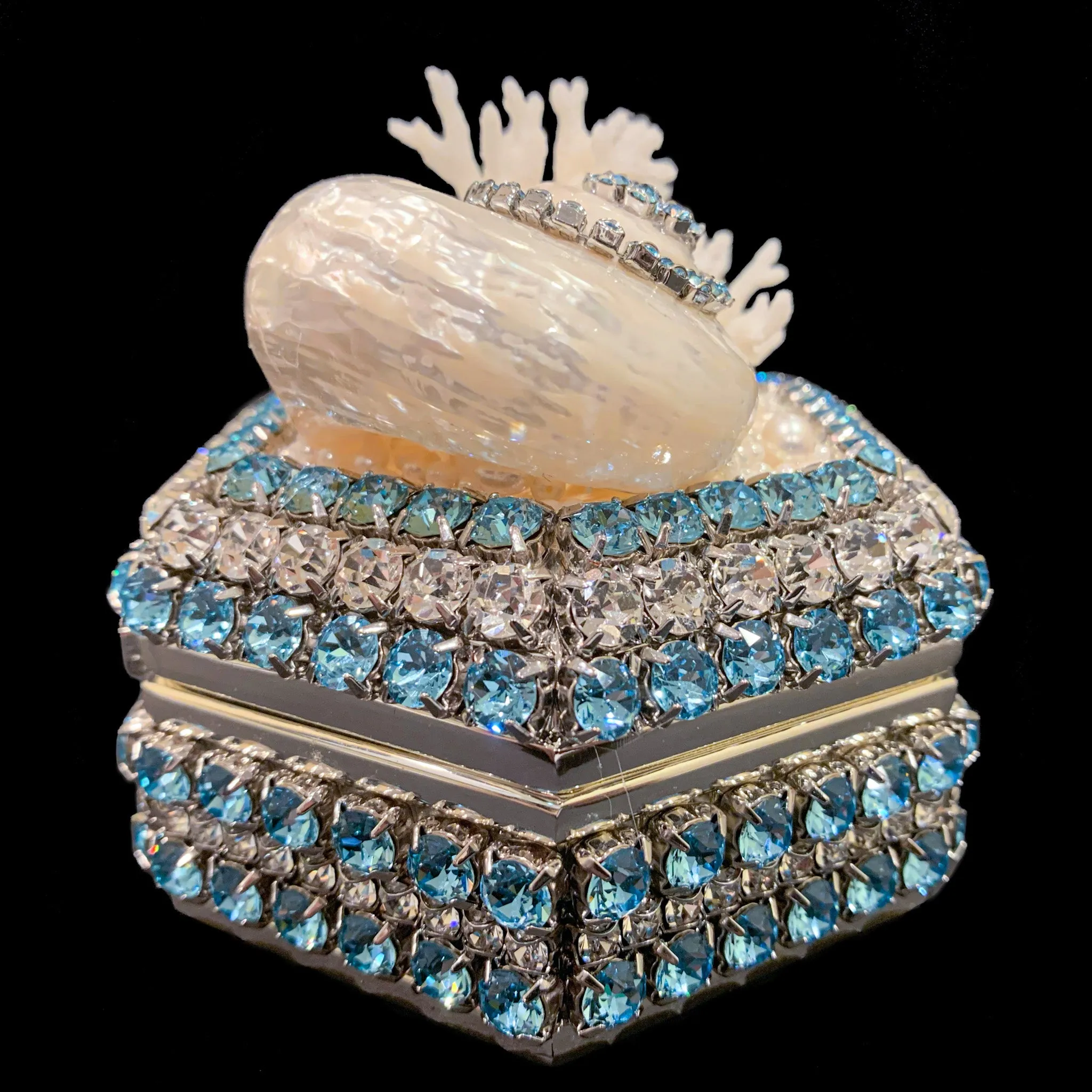 Aquamarine Hexagon Box Featuring Premium Crystals and Natural Seashells